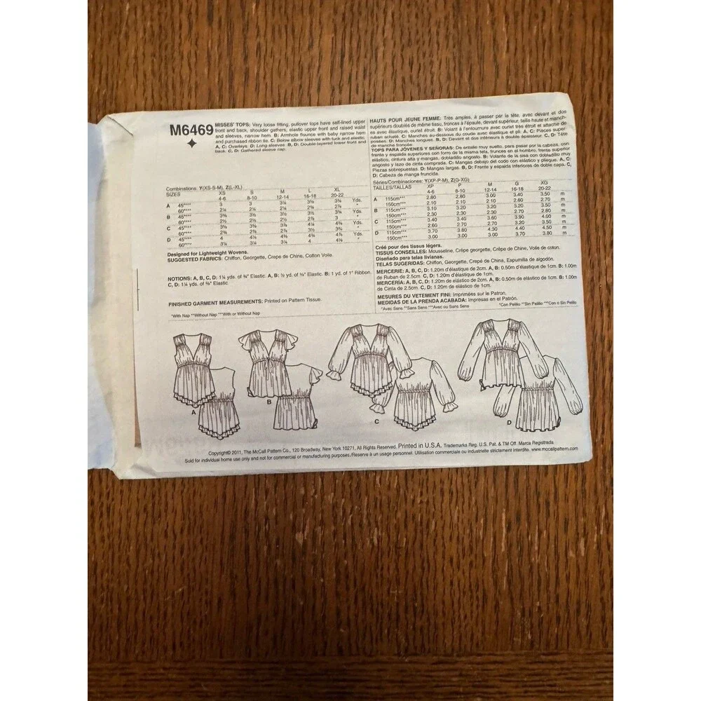 McCalls 6469 Blouse Tops Shirts Ruffles Misses Easy Sewing Pattern Sizes XS-S-M
